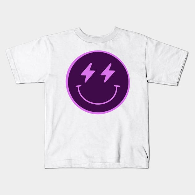 Lightning Smiley Face Neon Purple Kids T-Shirt by Asilynn